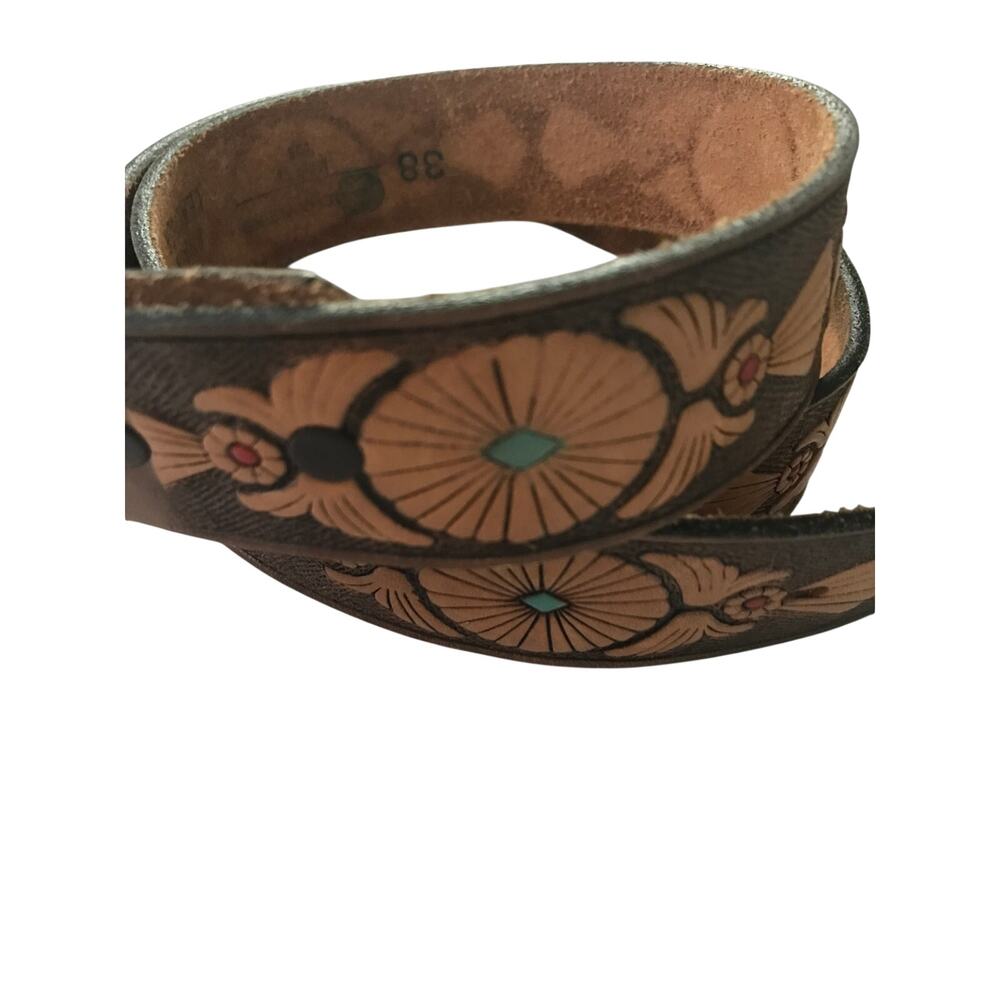 Vintage Chambers Western Tooled Leather Belt Strap Only Turquoise Inlay Size 38